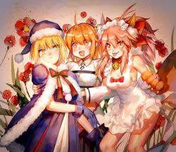 Rule 34 | 3girls, ahoge, animal ears, animal hands, artoria pendragon (all), artoria pendragon (fate), bell, blonde hair, blush, breasts, cleavage, collar, embarrassed, fate/grand order, fate/stay night, fate (series), fox ears, fox tail, fujimaru ritsuka (female), green eyes, hair ribbon, heart, heart-shaped pupils, highres, long hair, looking at viewer, medium breasts, multiple girls, neck bell, open mouth, orange hair, pink hair, ribbon, saber (fate), saber alter, saliva, santa alter, santa costume, short hair, symbol-shaped pupils, tail, tamamo (fate), tamamo cat (fate), tamamo cat (third ascension) (fate), tamamo no mae (fate/extra), tongue, wei li, yellow eyes