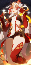 Rule 34 | 1girl, absurdres, angry, animal hands, bare shoulders, black shorts, black sports bra, breasts, chinese clothes, claws, commentary request, cowboy shot, detached sleeves, dress, elbow gloves, eyeliner, fire, fu hua, fu hua (garuda), gloves, hair between eyes, hands up, highres, honkai (series), honkai impact 3rd, jinjide shaonian, long hair, looking at viewer, low-tied long hair, low twintails, makeup, medium breasts, midriff, multicolored hair, open mouth, red eyeliner, red eyes, red gloves, red hair, red rope, red scales, rope, short shorts, shorts, sparkle, sports bra, sportswear, standing, streaked hair, symbol-shaped pupils, thighs, translation request, twintails, two-tone hair, very long hair, white hair, yellow pupils