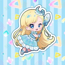 Rule 34 | 1girl, :d, blonde hair, blue dress, blue eyes, blue footwear, chibi, chii (chi pppuri), commentary request, cream, dress, food-themed clothes, full body, gelatin, highres, himitsu no aipri, holding, holding spoon, hoshikawa mitsuki, idol clothes, long hair, looking at viewer, open mouth, outline, pretty series, shoes, signature, smile, solo, spoon, standing, striped background, very long hair, white outline