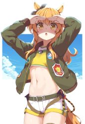 Rule 34 | 1girl, :o, animal ears, arms up, belt, blue sky, blush, bomber jacket, bow, breasts, check commentary, cloud, commentary request, commission, cowboy shot, crop top, cropped shirt, dog tags, ear ribbon, eyebrows hidden by hair, green belt, green jacket, hair between eyes, highres, horse ears, horse girl, horse tail, jacket, long hair, long sleeves, looking at viewer, mayano top gun (umamusume), midriff, navel, nokita (pinmisil), open clothes, open jacket, open mouth, orange eyes, orange hair, ribbon, shading eyes, shimushu pose, shirt, short shorts, shorts, sidelocks, sky, small breasts, solo, standing, tail, thighhighs, two side up, umamusume, white background, white shorts, yellow shirt