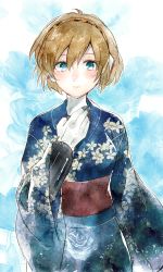 Rule 34 | 1girl, aegis (persona), blonde hair, blue eyes, blue kimono, blush, closed mouth, floral print, hair between eyes, highres, japanese clothes, kimono, long sleeves, looking at viewer, lor (roasyerizyonirapi), obi, persona, persona 3, print kimono, sash, short hair, solo, standing, turtleneck, wide sleeves, yukata