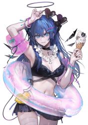 Rule 34 | 1girl, alternate costume, arknights, arm up, armpits, bikini, bikini skirt, black bikini, black choker, black halo, blue eyes, blue hair, breasts, choker, cowboy shot, demon horns, detached wings, fallen angel, flower, flower necklace, food, halo, heart, heart-shaped eyewear, holding, holding food, holding ice cream, horns, ice cream, ice cream cone, innertube, jewelry, liangban xiexu, long hair, looking at viewer, medium breasts, mostima (arknights), navel, necklace, rosary, rubber duck, simple background, smile, soft serve, solo, standing, stomach, sunglasses, swim ring, swimsuit, white background, wings
