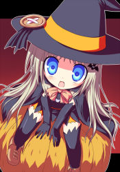 Rule 34 | 1girl, bad id, bad pixiv id, blonde hair, blue eyes, bow, fangs, fuyuno (ramentaro23), gloves, halloween, hat, little busters!, long hair, noumi kudryavka, pink bow, pumpkin, sitting, thighhighs, witch hat