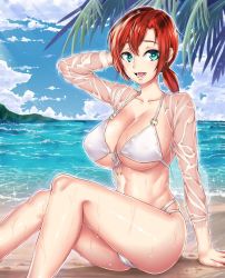 Rule 34 | 1girl, arm behind head, beach, bikini, blouse, blue eyes, boudica (fate), breasts, cleavage, collarbone, day, fate/grand order, fate (series), female focus, from side, hair between eyes, highres, large breasts, looking at viewer, nattapuumuu, ocean, open clothes, open mouth, open shirt, outdoors, ponytail, red hair, see-through, shirt, sitting, skindentation, solo, string bikini, summer, swimsuit, thighs, wet, wet clothes, wet shirt, white bikini