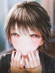 Rule 34 | 1girl, absurdres, blazer, blue jacket, blurry, blurry background, blush, brown hair, closed mouth, collared shirt, hair between eyes, highres, jacket, long sleeves, looking at viewer, ojay tkym, original, red eyes, school uniform, shirt, short hair, signature, sleeves past wrists, smile, solo, upper body, white shirt