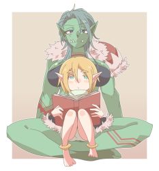 Rule 34 | 1boy, 1girl, artist request, bandeau, blonde hair, book, colored skin, facial mark, fangs, female orc, green skin, highres, orc, original, pointy ears, short hair, simple background, sitting, sitting on lap, sitting on person, tattoo
