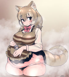 Rule 34 | 1girl, absurdres, anchors (mono eye os), animal ears, ass, blonde hair, blush, breasts, brown eyes, cum, fat, hat, highres, kemono friends, large breasts, long hair, plump, purple hair, pussy, ribbon, smile, solo, steam, sweat, tail, thick thighs, thighs, thylacine (kemono friends)