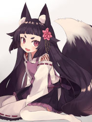 Rule 34 | 1girl, animal ear fluff, animal ears, black hair, blunt bangs, blush, commentary request, fang, flipped hair, flower, fox ears, fox tail, frilled skirt, frills, grey background, hair flower, hair ornament, japanese clothes, long hair, long sleeves, looking to the side, miko, miko x kon!, open mouth, red eyes, short eyebrows, shugao, sidelocks, signature, sitting, skirt, smile, solo, tail, text focus, thighhighs, tsurime, very long hair, wariza, wide sleeves