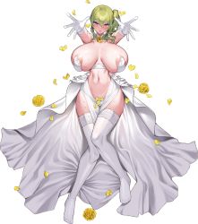 Rule 34 | 1girl, areola slip, armpit peek, blush, breasts, breasts apart, cleavage, collar, defeat, detached collar, dress, drill hair, erato (last origin), flower, frills, gloves, green hair, heart, heart-shaped pupils, highres, huge breasts, kirome (kamipaper), knees together feet apart, lace, lace-trimmed legwear, lace trim, large areolae, last origin, linea alba, long skirt, looking at viewer, lying, medium hair, navel, neck flower, nipple slip, nipples, no shoes, official alternate costume, official art, on back, open clothes, open mouth, open skirt, outstretched arms, pelvic curtain, petals, ponytail, purple eyes, revealing clothes, rose, rose petals, shiny, shiny skin, showgirl skirt, side ponytail, simple background, skindentation, skirt, solo, strapless, strapless dress, suggestive fluid, sweat, symbol-shaped pupils, thighhighs, thighs, transparent background, twin drills, underwear, wedding, white collar, white gloves, white skirt, white thighhighs, wing collar, yellow flower, yellow rose