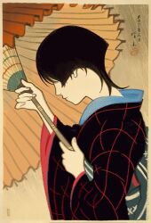 1boy alternate_costume black_hair black_kimono black_sleeves blue_kimono blunt_ends border brown_border closed_mouth faux_traditional_media fine_art_parody fingernails from_side genshin_impact hair_over_eyes han&#039;eri hand_up highres holding holding_umbrella japanese_clothes kimono layered_sleeves long_sleeves male_focus nihonga obi oil-paper_umbrella parody red_sleeves red_trim sash scaramouche_(genshin_impact) solo translation_request ukiyo-e umbrella wide_sleeves yourlocalwalnut