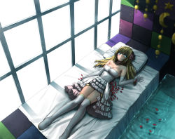 Rule 34 | 1girl, bare shoulders, bed, blonde hair, blush, breasts, cleavage, collarbone, crescent, erubo, large breasts, legs, long hair, lying, original, petals, solo, star (symbol), thighhighs, thighs, water, white thighhighs, window, window shadow, zettai ryouiki