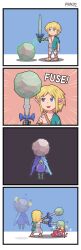 Rule 34 | 1boy, 1girl, 1other, 4koma, :|, absurdres, afterimage, animal ears, archaic set (zelda), arm at side, arm up, artist name, ayyk92, black pantyhose, blank eyes, blonde hair, blue eyes, bokoblin, border, brown footwear, clenched hand, closed mouth, colored skin, comic, crack, damaged, dress, emphasis lines, english text, fangs, fi (zelda), flying sweatdrops, from behind, full body, gameplay mechanics, gem, green gemstone, hand up, happy, head bump, highres, hitting, holding, holding sword, holding weapon, link, loincloth, master sword, medium hair, monster, motion lines, multiple views, nintendo, object head, open mouth, outstretched arm, pantyhose, pig nose, pointy ears, purple dress, red skin, rock, sandals, scratches, short dress, short hair, short sleeves, sidelocks, signature, simple background, single bare shoulder, single sleeve, smile, standing, star (symbol), sword, tears, the legend of zelda, the legend of zelda: skyward sword, the legend of zelda: tears of the kingdom, toga, triforce, two-tone cape, weapon, white border, white eyes