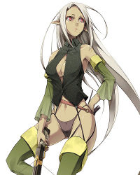 Rule 34 | 1girl, black panties, boots, bow (weapon), breasts, cleavage, crossbow, detached sleeves, elf, face, fantasy, green footwear, green thighhighs, gun, highleg, highleg panties, kyo (kuroichigo), large breasts, lowres, no bra, panties, pointy ears, sleeveless, solo, standing, thigh boots, thighhighs, underwear, vest, weapon