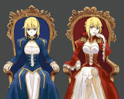 Rule 34 | 10s, 2girls, ahoge, armor, artoria pendragon (all), artoria pendragon (fate), bad id, bad pixiv id, blonde hair, blue eyes, breasts, cleavage, dress, epaulettes, fate/extra, fate/stay night, fate (series), greaves, green eyes, hair ribbon, highres, juliet sleeves, crossed legs, long sleeves, medium breasts, multiple girls, nero claudius (fate), nero claudius (fate) (all), nero claudius (fate/extra), okome (amehare), puffy sleeves, ribbon, saber (fate), see-through, sitting, small breasts, throne
