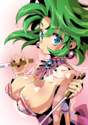 Rule 34 | 1girl, blue eyes, breasts, breasts out, clothing aside, earrings, ellis (toushinden), green hair, highres, jewelry, large breasts, necklace, nipples, parted bangs, petitdry (puchidori), see-through, see-through sleeves, sex, shiny skin, short hair, sidelocks, toushinden, wrist cuffs