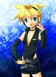 Rule 34 | 1boy, blonde hair, blue eyes, cowboy shot, highleg, highleg leotard, highres, kagamine len, leotard, looking at viewer, male focus, out of frame, project diva (series), project diva 2nd, punkish (module), short hair, short ponytail, short shorts, shorts, solo, tagme, vocaloid