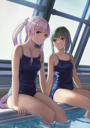 Rule 34 | 1girl, blue one-piece swimsuit, breasts, brown eyes, commentary request, competition school swimsuit, green hair, highres, indoors, kantai collection, long hair, looking at viewer, medium breasts, one-piece swimsuit, pink hair, ponytail, pool, poolside, rei no pool, school swimsuit, sitting, soaking feet, solo, swimsuit, tantaka, very long hair, water, wet, yellow eyes, yura (kancolle), yuubari (kancolle)
