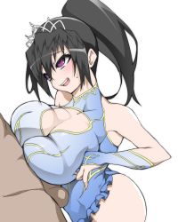 Rule 34 | 1boy, 1girl, bare shoulders, black hair, blush, breasts, cleavage cutout, clothing cutout, curvy, dress, gloves, hetero, highres, large breasts, leotard, long hair, ohako, open mouth, original, paizuri, paizuri over clothes, penis, penis under another&#039;s clothes, ponytail, purple eyes, simple background, skirt, solo focus, standing, testicles, tiara, uncensored, white background