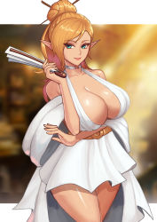 Rule 34 | 1girl, absurdres, aqua eyes, belt, blonde hair, breasts, chopsticks, cleavage, dungeon and fighter, elf, hair bun, hand fan, highres, hiroshi (beolcoyote), large breasts, looking at viewer, paper fan, pointy ears, single hair bun, siusha elemin, smile, solo, toga