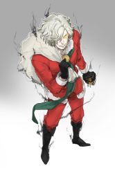 Rule 34 | 1boy, aura, boots, christmas, edmond dantes (fate), energy, fate/grand order, fate (series), full body, gift, glowing, glowing eyes, grin, imanatsu, long sleeves, male focus, sack, santa costume, simple background, smile, solo, white hair