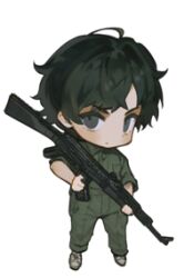 Rule 34 | 1boy, assault rifle, black eyes, black hair, chibi, closed mouth, commentary, das elend, dot mouth, fear &amp; hunger, fear &amp; hunger 2: termina, full body, green jumpsuit, gun, holding, holding gun, holding weapon, jumpsuit, levi (fear &amp; hunger), looking at viewer, lowres, rifle, shoes, short hair, solo, standing, weapon, white footwear