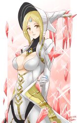 Rule 34 | 1girl, :d, agate (xenoblade), arms behind back, blonde hair, bodysuit, breasts, cleavage, core crystal (xenoblade), dated, forehead jewel, highres, hisin, large breasts, long hair, looking at viewer, open mouth, signature, smile, solo, white bodysuit, xenoblade chronicles (series), xenoblade chronicles 2, yellow eyes