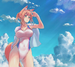 Rule 34 | 1girl, animal ears, blue eyes, blue sky, breasts, cleavage, clothes on shoulders, cloud, collarbone, commentary request, competition swimsuit, covered navel, cowboy shot, day, dress shirt, fox ears, fox tail, highleg, highleg swimsuit, large breasts, long hair, one-piece swimsuit, orange hair, original, outdoors, ponytail, sawaya (mizukazu), shirt, sky, solo, standing, swimsuit, tail, white shirt, white one-piece swimsuit