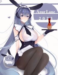 Rule 34 | 1girl, absurdres, animal ears, apron, azur lane, bad id, bad pixiv id, blue eyes, blue hair, blush, breasts, frills, happy new year, highres, large breasts, long hair, maid, maid apron, maid headdress, manjuu (azur lane), necktie, new jersey (azur lane), new year, pantyhose, rabbit ears, smile, tray, winter eclipse