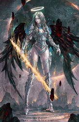 Rule 34 | 1girl, angel, armor, armored boots, artist name, black hair, black wings, blue eyes, boots, breasts, choker, cleavage, cleavage cutout, clothing cutout, floating rocks, gluteal fold, halo, high heel boots, high heels, highres, lipstick, long hair, magic, makeup, pale skin, planet, shoulder armor, solo, pauldrons, vambraces, wings, zudarts lee