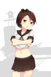 Rule 34 | 10s, 1girl, :o, artist name, bad id, bad pixiv id, black ribbon, brown eyes, brown hair, brown skirt, collarbone, contrapposto, cowboy shot, hair ribbon, head tilt, highres, kantai collection, kimoshi, lifting own clothes, looking at viewer, miniskirt, navel, open mouth, pleated skirt, ponytail, ribbon, school uniform, serafuku, shikinami (kancolle), ship, short hair, silhouette, simple background, skirt, solo, standing, stomach, undressing, watercraft, white background