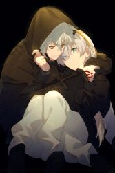 Rule 34 | 1boy, 1girl, anastasia (fate), black background, black jacket, blue eyes, command spell, dress, echo (circa), fate/grand order, fate (series), hair over one eye, hairband, hood, hooded jacket, jacket, kadoc zemlupus, long hair, long sleeves, smile, very long hair, white dress, white hair