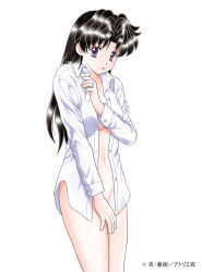 Rule 34 | 1girl, :o, black hair, bottomless, breasts, covering privates, futari ecchi, jewelry, katsu aki, long hair, looking at viewer, medium breasts, navel, onoda yura, open clothes, open mouth, purple eyes, ring, shirt, simple background, solo, white background