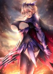 Rule 34 | 1girl, armor, armored dress, artoria pendragon (fate), artoria pendragon (lancer alter) (fate), ass, black bodysuit, black thighhighs, blonde hair, bodysuit, braid, breasts, cloak, cloud, cloudy sky, crown, fate/grand order, fate (series), highres, holding, holding weapon, large breasts, looking at viewer, sky, solo, thighhighs, underboob, weapon, yellow eyes, yutoriko (candy0905)