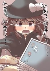 Rule 34 | 1girl, blush, braid, brown eyes, brown hair, bullying, computer, crying, crying with eyes open, female focus, gaoo (frpjx283), hair ribbon, hat, internet explorer, laptop, long hair, recycle bin, ribbon, solo, tears, touhou, translation request, usami renko