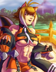 Rule 34 | 1girl, abs, animal ears, antenna hair, bare shoulders, blazblue, breasts, brown eyes, brown hair, chestnut mouth, dual wielding, female focus, fingerless gloves, gloves, highres, holding, jacket, large breasts, looking at viewer, makoto nanaya, midriff, miniskirt, multicolored hair, muscular, muscular female, navel, off shoulder, open clothes, open jacket, orange skirt, pltnm ghost, short hair, side slit, skirt, smile, solo, squirrel ears, squirrel tail, tail, toned, tonfa, two-tone hair, underboob, weapon, white hair