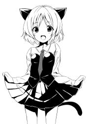 Rule 34 | 1girl, animal ears, bad id, bad pixiv id, cat ears, cat tail, clothes lift, face, fang, greyscale, highres, looking at viewer, monochrome, necktie, open mouth, pleated skirt, pokachu, sanya v. litvyak, short hair, simple background, skirt, skirt lift, smile, solo, standing, strike witches, tail, world witches series