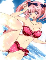 Rule 34 | + +, 10s, 1girl, :d, arm up, armpits, bandeau, bare arms, bare legs, bare shoulders, bikini, blue eyes, blush, bow, breasts, cloud, collarbone, dutch angle, female focus, frilled bikini, frilled swimsuit, frills, hair bow, happy, hibari (senran kagura), highres, large breasts, legs, looking at viewer, manyuu kaeru tasuke sansei, navel, neck, ocean, open mouth, pink hair, polka dot, polka dot bikini, polka dot swimsuit, purple eyes, red bikini, senran kagura, short hair, short twintails, sky, smile, solo, strapless, strapless bikini, swimsuit, symbol-shaped pupils, twintails, water