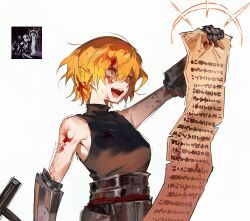 Rule 34 | 1girl, armor, black shirt, blonde hair, blood, blood in hair, blood on clothes, blood on face, commentary, crazy smile, crusader (darkest dungeon), darkest dungeon, don quixote (project moon), gauntlets, highres, holding, holding nail, holding scroll, limbus company, looking to the side, nail, open mouth, project moon, scroll, shigure (unininaritai), shirt, short hair, simple background, sleeveless, sleeveless shirt, smile, solo, turtleneck, upper body, white background, yellow eyes