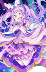 Rule 34 | 1girl, :d, absurdres, blue eyes, bridal garter, brooch, commentary, cure majesty, detached sleeves, dress, ellee-chan, gloves, highres, hirogaru sky! precure, jewelry, jumping, legs up, long hair, looking at viewer, magical girl, medium dress, miyui, open mouth, precure, puffy detached sleeves, puffy sleeves, purple footwear, purple hair, skirt hold, sleeveless, sleeveless dress, smile, solo, thighhighs, two side up, white gloves, white thighhighs, wing brooch, wing hair ornament