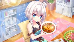 Rule 34 | 1girl, apron, bikini, black bikini, blue apron, blue eyes, book, breasts, brick wall, cabinet, cleavage, closed mouth, collarbone, denim, dot nose, film grain, food, from above, game cg, hair bun, heart, holding, holding plate, izumi tsubasu, lens flare, looking at viewer, nishidate haku, non-web source, official art, omelet, omurice, open book, plant, plate, polka dot, polka dot apron, potted plant, re:stage!, rug, salad, short hair, sidelocks, single side bun, small breasts, smile, solo, sparkle, star (symbol), strap slip, swimsuit, teapot, thank you, translated, white hair, wooden floor