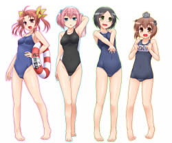 Rule 34 | 10s, 4girls, ahoge, alternate costume, arm behind head, arm up, armpits, barefoot, black hair, blue eyes, brown eyes, brown hair, clenched hands, competition school swimsuit, competition swimsuit, covered navel, earrings, feet, full body, green eyes, hair ornament, hair ribbon, hairclip, hand on own hip, innertube, interlocked fingers, jewelry, kagerou (kancolle), kantai collection, kuroshio (kancolle), legs apart, lineup, long hair, multiple girls, old school swimsuit, one-piece swimsuit, open mouth, pigeon-toed, pink eyes, pink hair, red eyes, ribbon, school swimsuit, shiranui (kancolle), short hair, side ponytail, smile, standing, stretching, swim ring, swimsuit, toes, twintails, v arms, white background, yoshi tama, yukikaze (kancolle)