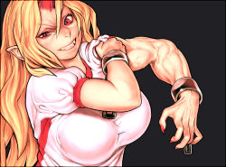 Rule 34 | 1girl, absurdres, blonde hair, breasts, chain, clenched teeth, cuffs, envenomist (gengoroumaru), eyelashes, fangs, female focus, fingernails, frown, grey background, highres, horns, hoshiguma yuugi, large breasts, long hair, muscular, muscular female, nail polish, pointy ears, red eyes, red nails, shackles, sharp fingernails, shirt, short sleeves, simple background, single horn, sleeve rolled up, solo, taut clothes, taut shirt, teeth, thick arms, touhou, upper body