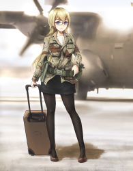 Rule 34 | 1girl, american flag, belt, black pantyhose, blonde hair, blue eyes, blurry, camouflage, canteen, desert camouflage, full body, glasses, gun, hand on own hip, handgun, highres, holster, holstered, long hair, military, original, pantyhose, pencil skirt, pistol, skirt, solo, standing, suitcase, tanto (tc1995), united states army, weapon