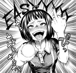 Rule 34 | 1girl, ahegao, ahoge, blush, bob cut, commentary, dead by daylight, drooling, feng min, flashlight, greyscale, highres, medium hair, middle finger, monochrome, motion lines, polo shirt, solo, takayama akira, tongue, tongue out, upper body