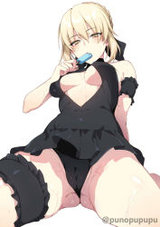 Rule 34 | 1girl, arm behind back, artoria pendragon (alter swimsuit rider) (fate), artoria pendragon (alter swimsuit rider) (first ascension) (fate), artoria pendragon (fate), bare shoulders, black bow, black dress, black one-piece swimsuit, black ribbon, blonde hair, blush, bow, braid, braided bun, breasts, breasts apart, bridal garter, cameltoe, cleavage cutout, cleft of venus, clothing cutout, cowboy shot, dress, dress swimsuit, eating, fate/grand order, fate (series), food, foreshortening, french braid, from below, gluteal fold, hair between eyes, hair bun, half-closed eyes, halterneck, head tilt, highres, long hair, looking at viewer, medium breasts, one-piece swimsuit, parted bangs, popsicle, puuzaki puuna, ribbon, sidelocks, simple background, single hair bun, sitting, solo, spread legs, sweat, swimsuit, thighs, wariza, wedgie, white background, yellow eyes