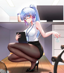 Rule 34 | 1girl, alternate costume, ayaka (genshin impact), bare arms, bare shoulders, bespectacled, black footwear, black pantyhose, black skirt, blue eyes, blue hair, blunt bangs, blurry, blush, breasts, bubble tea, censored, collared shirt, contemporary, crumpled paper, cup, depth of field, desk, disposable cup, drink, drinking straw, folder, from side, full body, genshin impact, glasses, hair ribbon, high heels, high ponytail, holding, holding folder, holding paper, id card, indoors, lanyard, legs, long hair, looking at viewer, looking to the side, miniskirt, mole, mole under eye, monitor, nail polish, office, office lady, outstretched arm, pantyhose, paper, patent heels, pencil skirt, pink ribbon, ponytail, pumps, racket, red-framed eyewear, ribbon, semi-rimless eyewear, shadow, shirt, shoes, sidelocks, skirt, sky wbo, sleeveless, sleeveless shirt, solo, squatting, stiletto heels, trash, tress ribbon, under-rim eyewear, white nails, wooden floor