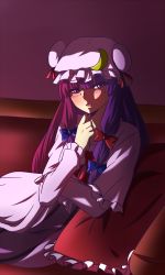 Rule 34 | 1girl, blush, capelet, crescent, hat, highres, long hair, patchouli knowledge, pillow, purple eyes, purple hair, samuimu, solo, touhou