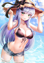 Rule 34 | 1girl, absurdres, bare arms, bare shoulders, bikini, black bikini, blue sky, blunt bangs, blush, breasts, caustics, cleavage, cloud, collarbone, cutoffs, day, denim, denim shorts, facial mark, front-tie bikini top, front-tie top, girls&#039; frontline, green eyes, groin, hair ornament, halterneck, hands on headwear, hands up, hat, highres, hk416 (girls&#039; frontline), huge filesize, large breasts, long hair, looking at viewer, navel, open fly, outdoors, parted lips, short shorts, shorts, sidelocks, silver hair, sky, solo, stomach, straw hat, string bikini, sunhyun, swimsuit, teardrop, thighs, very long hair, wading, water