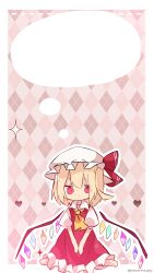 Rule 34 | 1girl, absurdres, argyle, argyle background, ascot, blank speech bubble, blonde hair, border, closed mouth, collared shirt, dot mouth, flandre scarlet, frilled skirt, frills, hair between eyes, hat, highres, looking at viewer, medium hair, mob cap, multicolored wings, no nose, red eyes, red skirt, red vest, shirt, skirt, solo, soru (remonntteumai), speech bubble, thought bubble, touhou, v arms, vest, white border, white headwear, white shirt, wings, yellow ascot