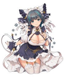Rule 34 | 1girl, :3, animal ears, aqua eyes, azur lane, bare shoulders, black dress, black hair, breasts, cat ears, cheshire (azur lane), cleavage, detached sleeves, dress, fake animal ears, frilled dress, frills, headdress, highres, large breasts, looking at viewer, multicolored hair, nail polish, short hair, simple background, smile, solo, streaked hair, thighhighs, two-tone dress, white background, white thighhighs, wrist cuffs, y.i. (lave2217), zettai ryouiki